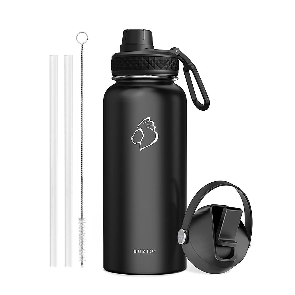 Left View: Buzio - 32oz Insulated Water Bottle with Straw Lid and Spout Lid - Black