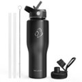 Angle Zoom. Buzio - 32oz Tumbler Water Bottle with Straw Lid and Spout Lid - Black.