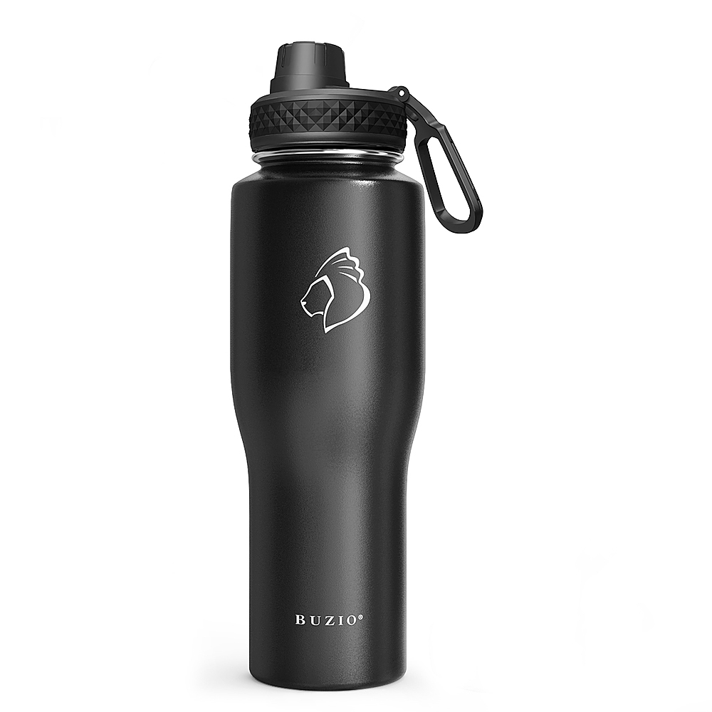 Left View: Buzio - 32oz Tumbler Water Bottle with Straw Lid and Spout Lid - Black
