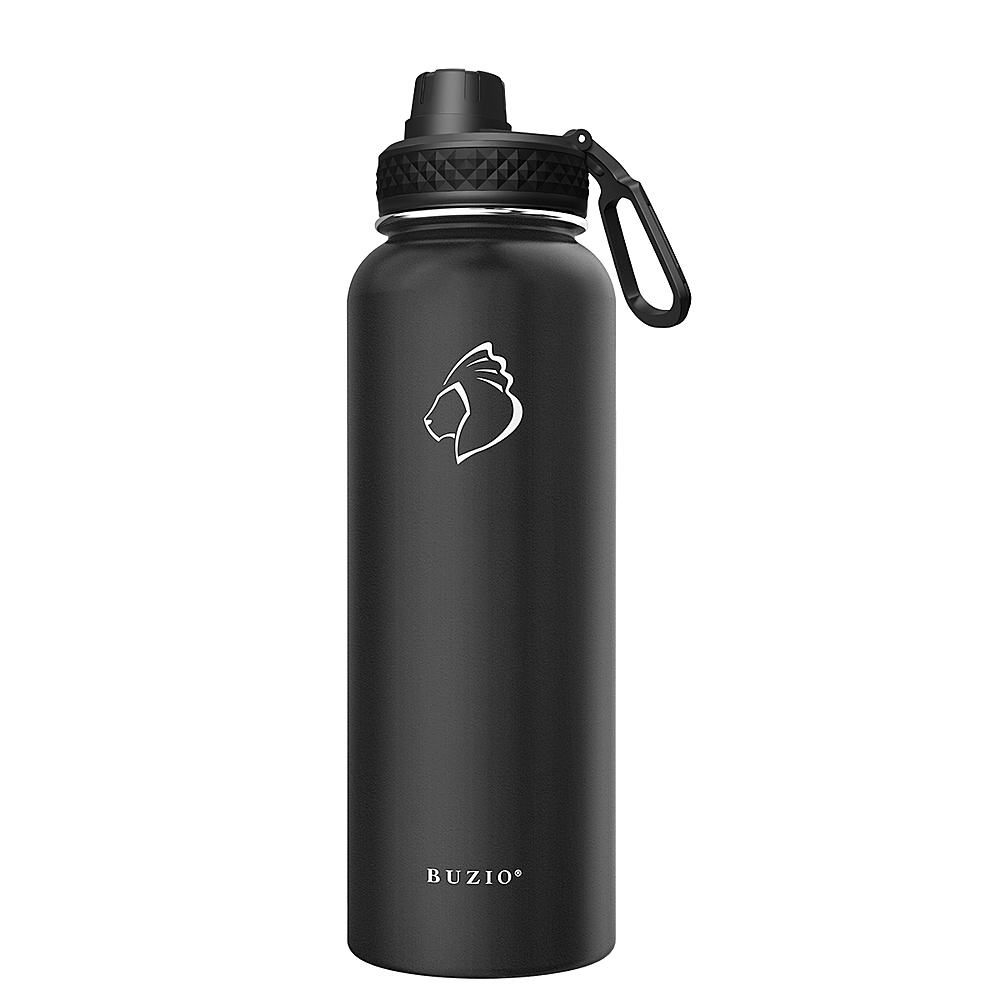 Left View: Buzio - 40oz Insulated Water Bottle with Straw Lid and Spout Lid - Black