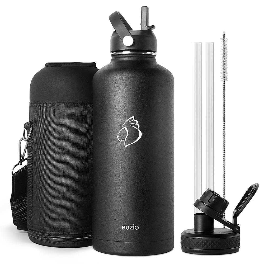 Angle View: Buzio - 87oz Insulated Water Bottle with Straw Lid and Spout Lid - Black