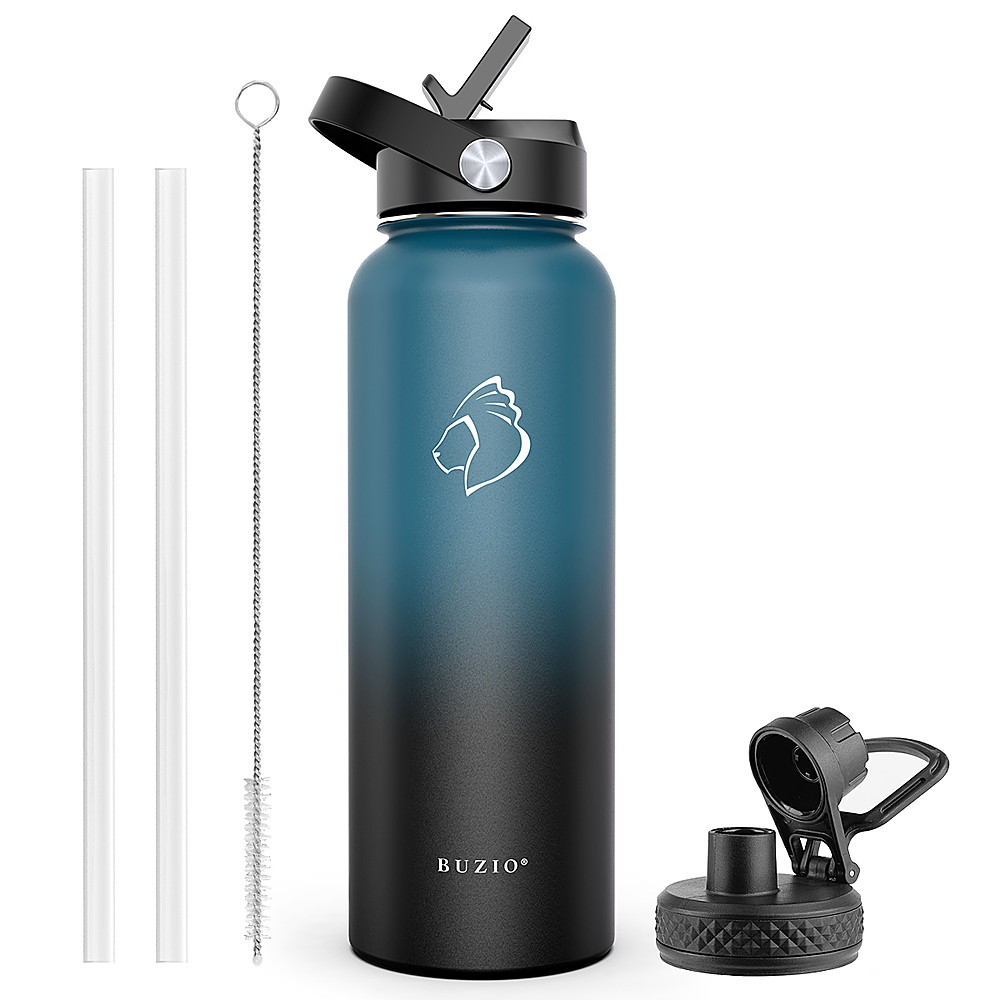 Angle View: Buzio - 40oz Insulated Water Bottle with Straw Lid and Spout Lid - Indigo Black