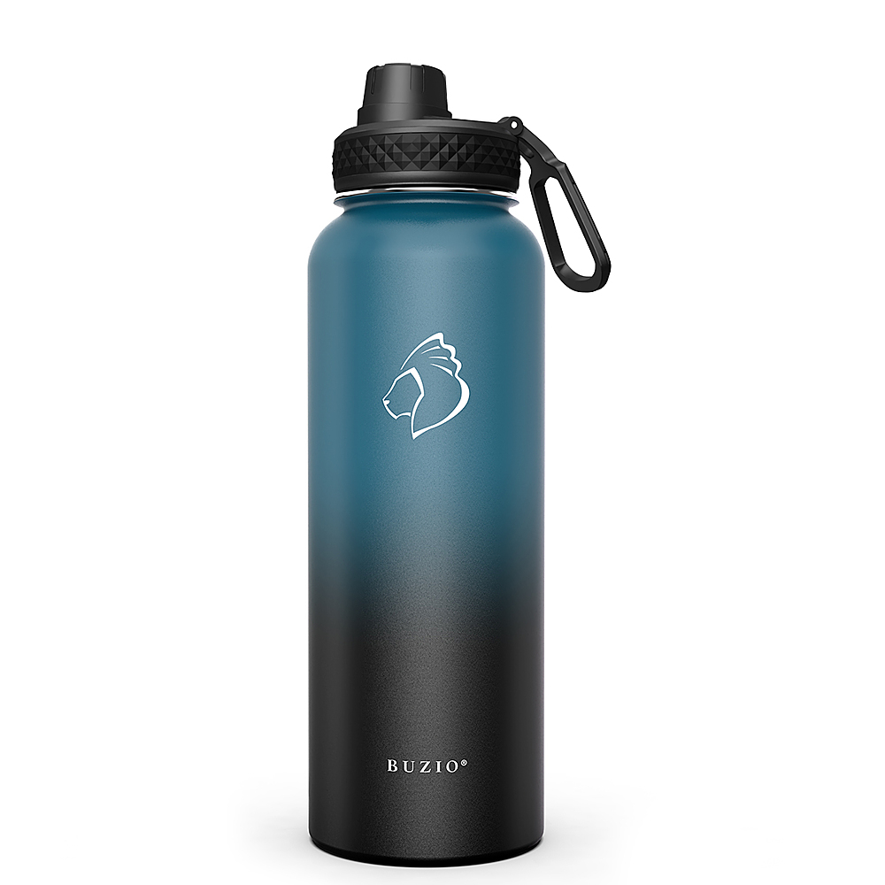 Left View: Buzio - 40oz Insulated Water Bottle with Straw Lid and Spout Lid - Indigo Black
