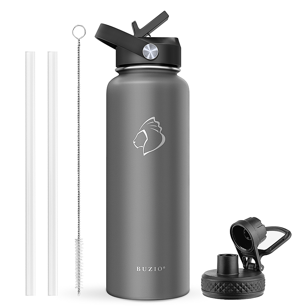 Angle View: Buzio - 40oz Insulated Water Bottle with Straw Lid and Spout Lid - Gray