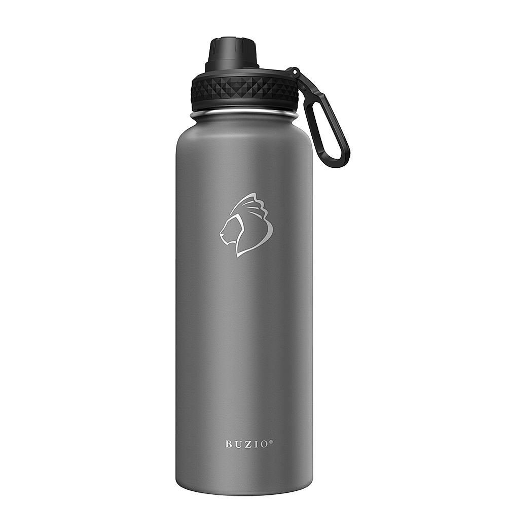 Left View: Buzio - 40oz Insulated Water Bottle with Straw Lid and Spout Lid - Gray