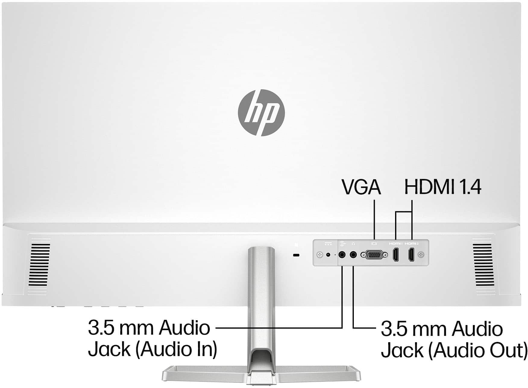 The image features a white HP monitor with a VGA HDMI 1.4 connection. The monitor has a 3.5mm audio jack for both input and output.