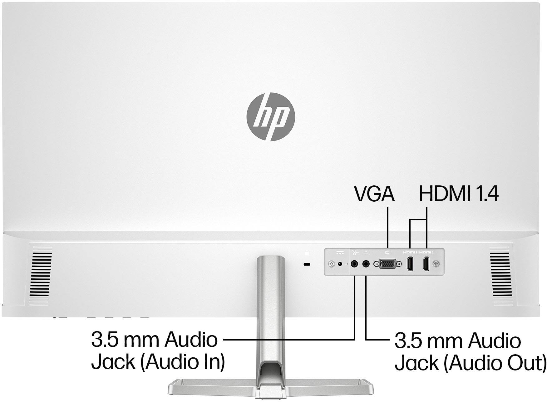 The image features a white HP monitor with a VGA HDMI 1.4 connection. The monitor has a 3.5mm audio jack for both input and output.
