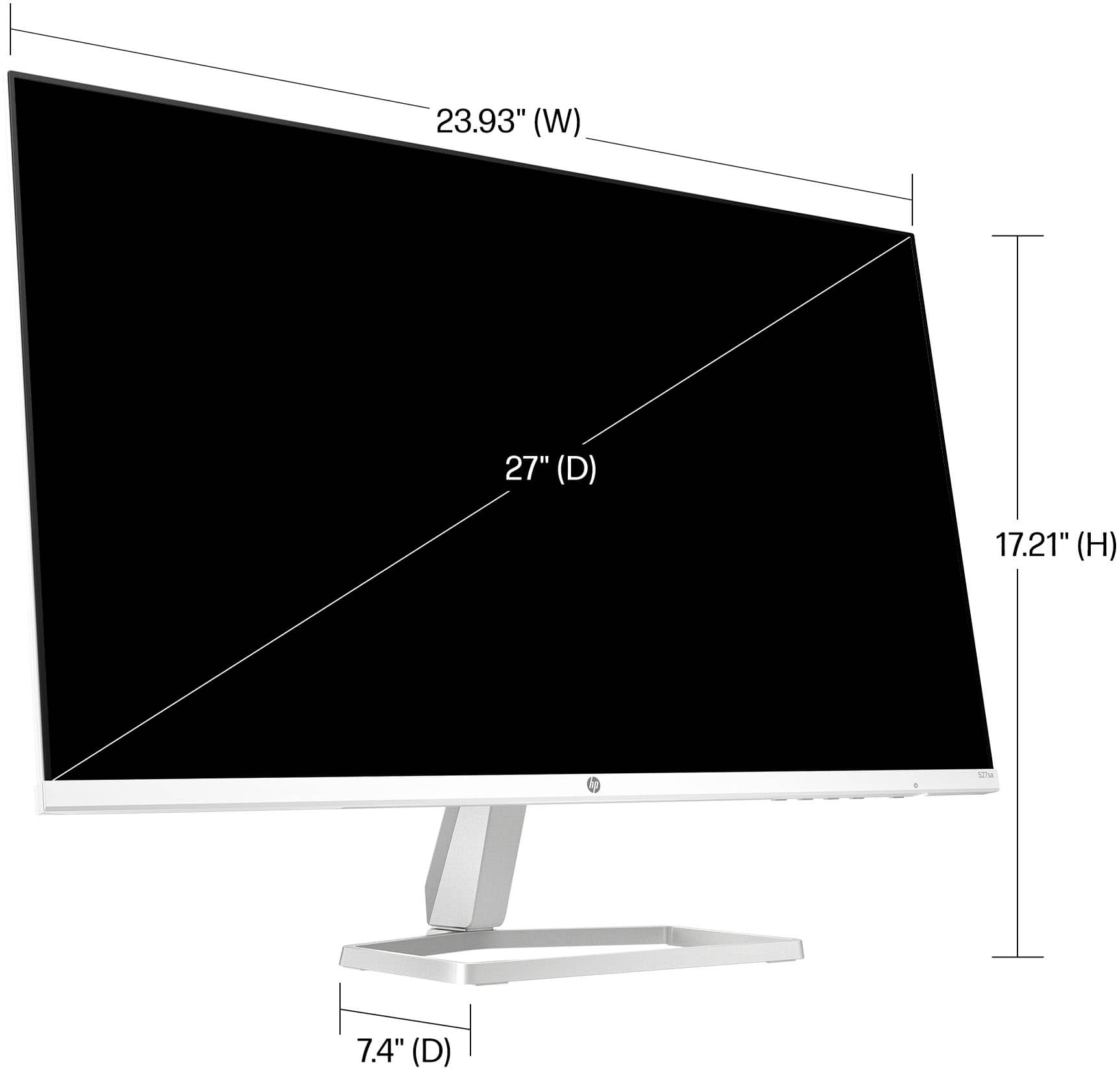 The dimensions of the computer monitor are 23.93 inches (W) x 27 inches (D) x 17.21 inches (H).