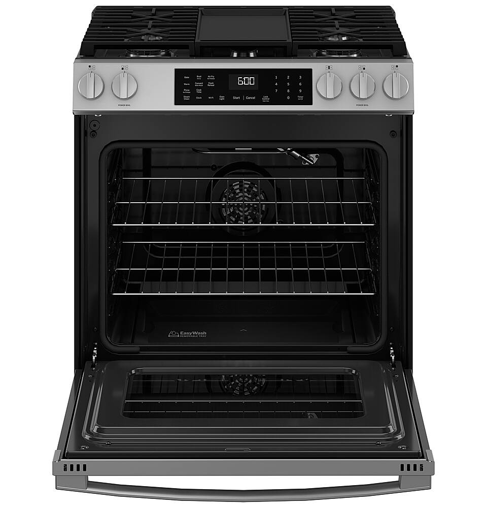 Alt View 19. GE - 5.3 Cu. Ft. Slide-In Gas Convection Range with Steam Cleaning and EasyWash Tray - Stainless Steel.
