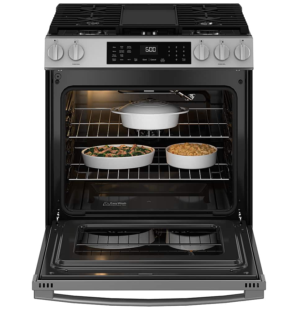 Alt View 20. GE - 5.3 Cu. Ft. Slide-In Gas Convection Range with Steam Cleaning and EasyWash Tray - Stainless Steel.