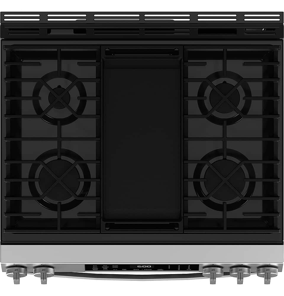 Alt View 15. GE - 5.3 Cu. Ft. Slide-In Gas Convection Range with Steam Cleaning and EasyWash Tray - Stainless Steel.