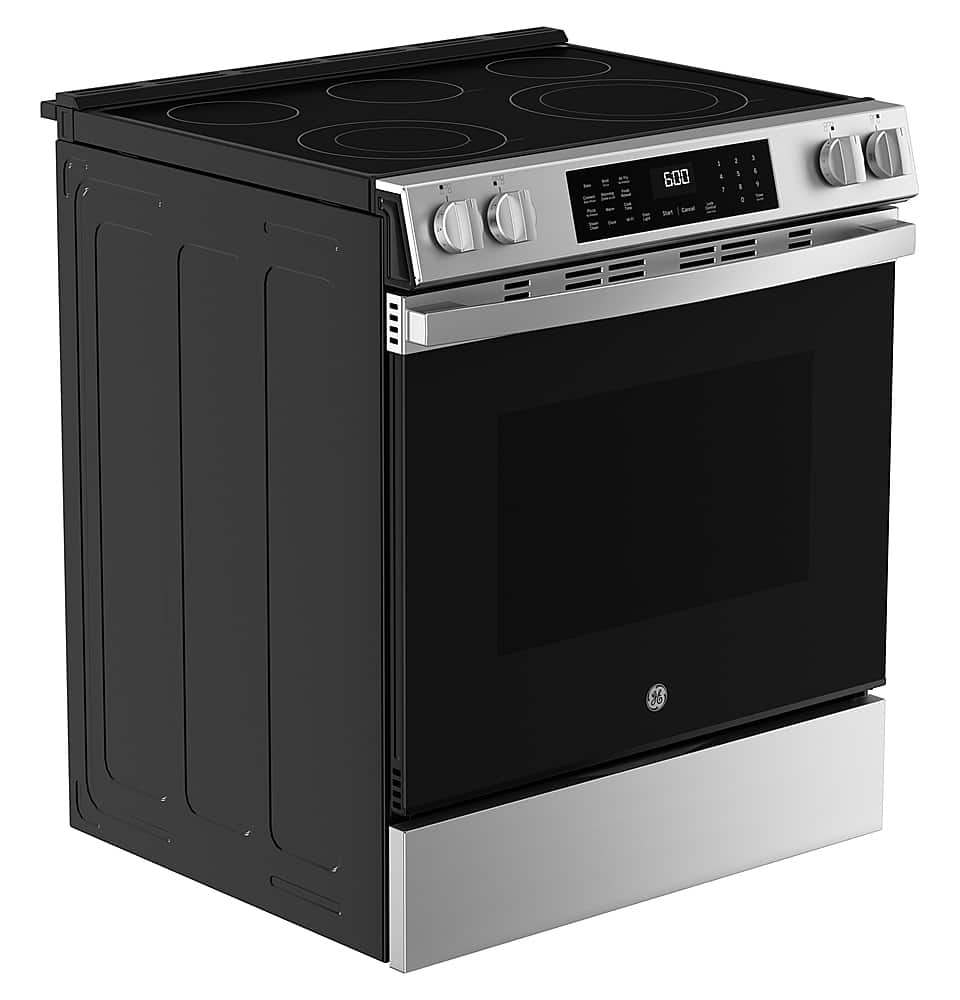 Angle. GE - 5.3 Cu. Ft. Slide-In Electric Convection Range with Steam Cleaning and EasyWash Oven Tray - Stainless Steel.