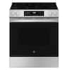 Front. GE - 5.3 Cu. Ft. Slide-In Electric Convection Range with Steam Cleaning and EasyWash Oven Tray - Stainless Steel.