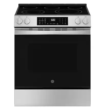 Front. GE - 5.3 Cu. Ft. Slide-In Electric Convection Range with Steam Cleaning and EasyWash Oven Tray - Stainless Steel.