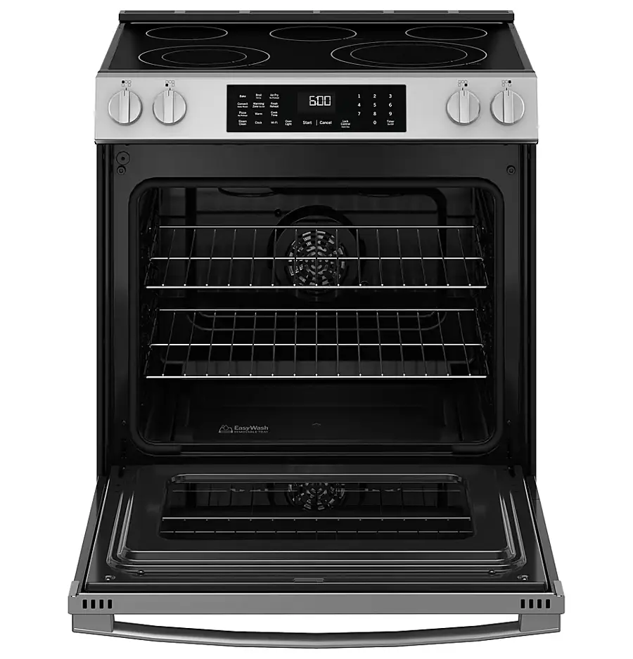 Alt View 24. GE - 5.3 Cu. Ft. Slide-In Electric Convection Range with Steam Cleaning and EasyWash Oven Tray - Stainless Steel.