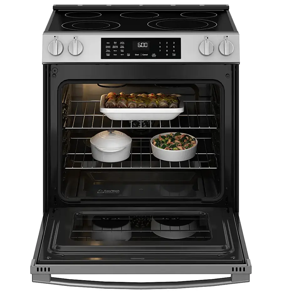 Alt View 26. GE - 5.3 Cu. Ft. Slide-In Electric Convection Range with Steam Cleaning and EasyWash Oven Tray - Stainless Steel.