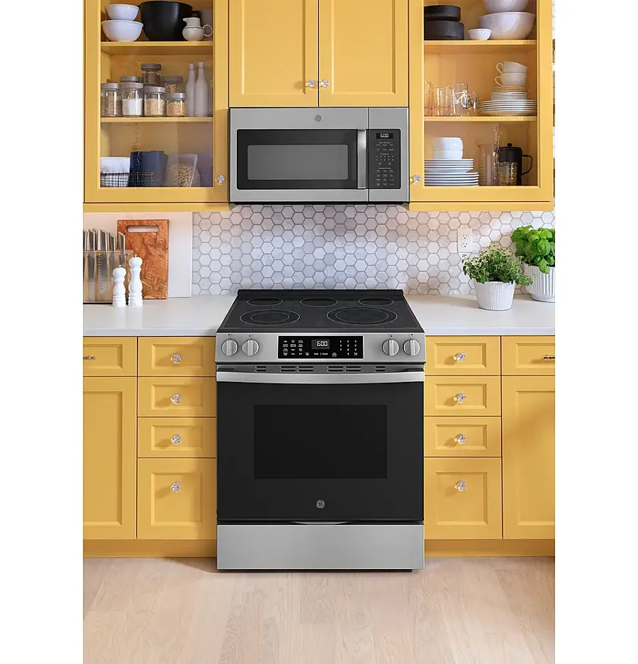 Alt View 29. GE - 5.3 Cu. Ft. Slide-In Electric Convection Range with Steam Cleaning and EasyWash Oven Tray - Stainless Steel.