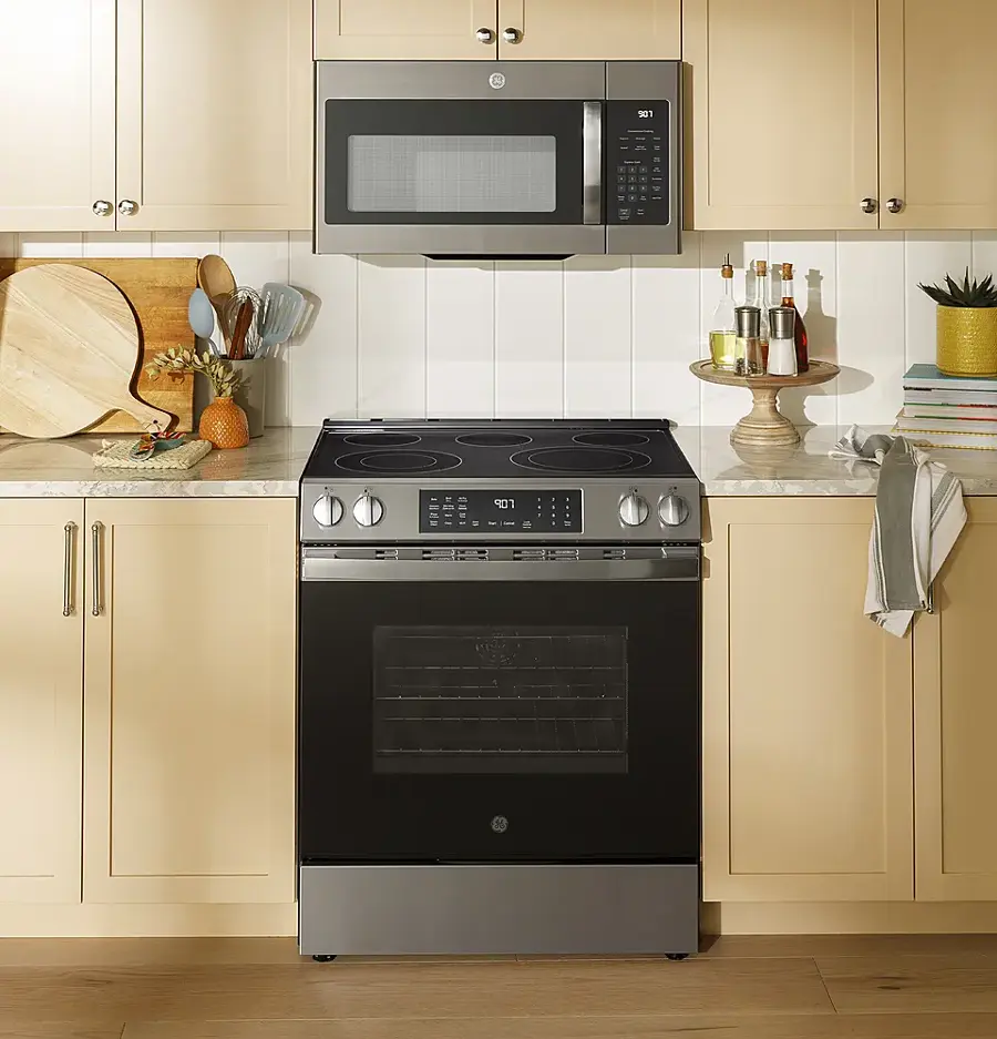 Alt View 34. GE - 5.3 Cu. Ft. Slide-In Electric Convection Range with Steam Cleaning and EasyWash Oven Tray - Stainless Steel.