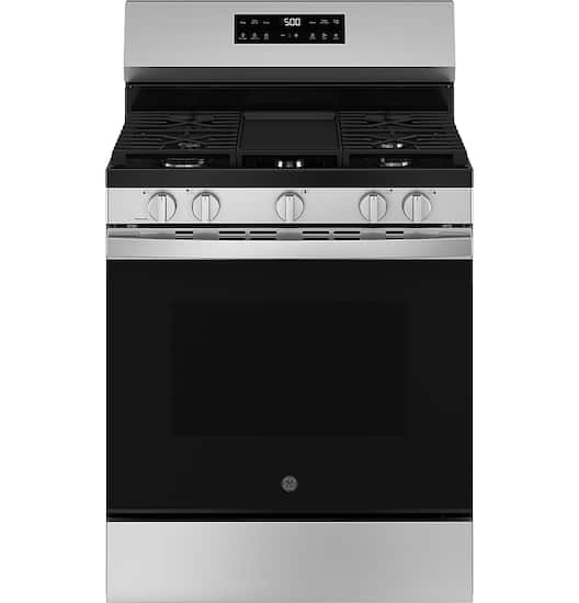 GE - 30 in. Wide 5 Burners 5.3 Cu. Ft. Freestanding Gas Range with Self-Clean and Steam Cleaning Option and Crisp Mode - Stainless Steel