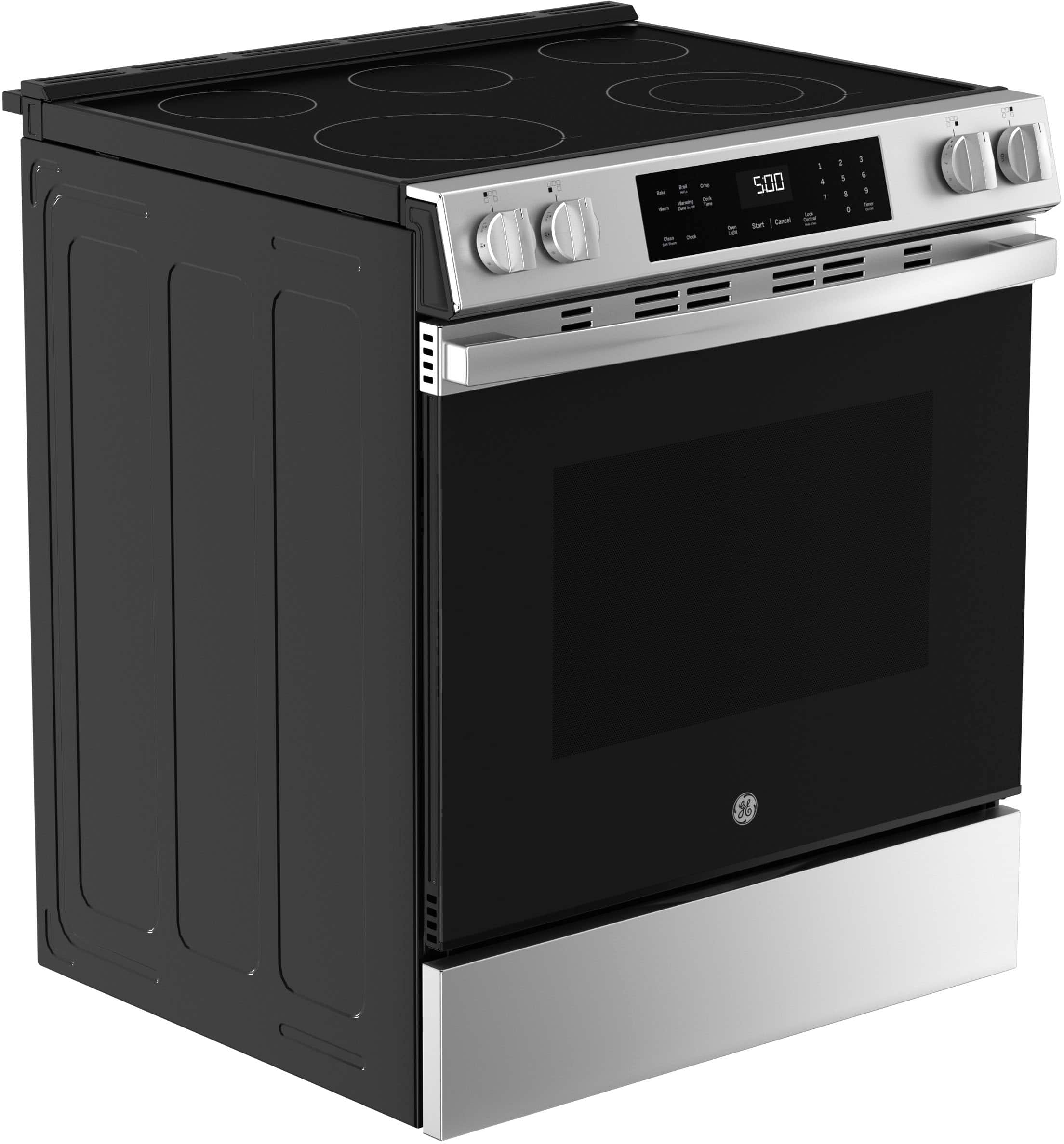 Angle. GE - 5.3 Cu. Ft. Slide-In Electric Range with Self-Clean and Steam Cleaning Option and Crisp Mode - Stainless Steel.