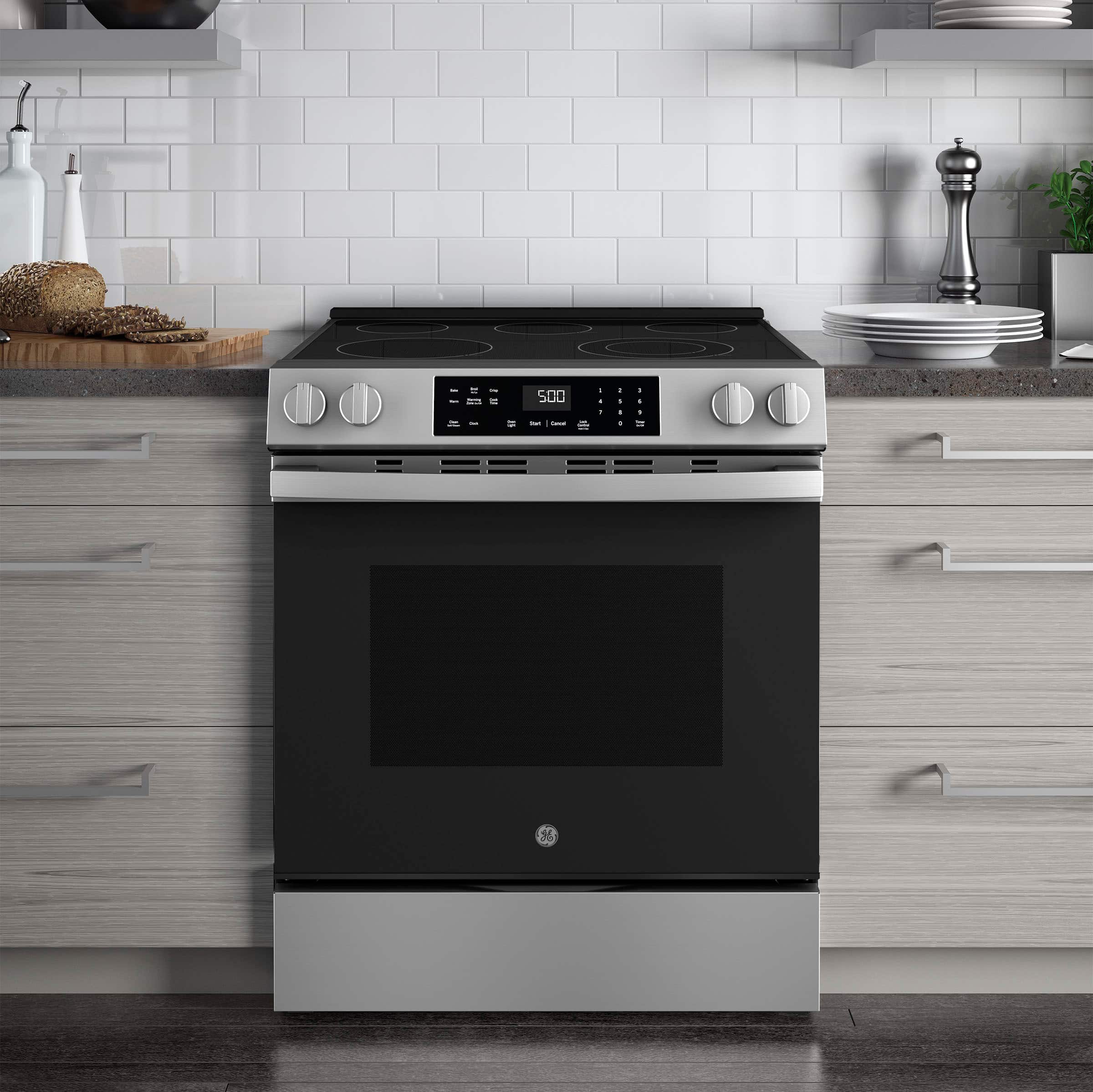 Alt View 24. GE - 5.3 Cu. Ft. Slide-In Electric Range with Self-Clean and Steam Cleaning Option and Crisp Mode - Stainless Steel.