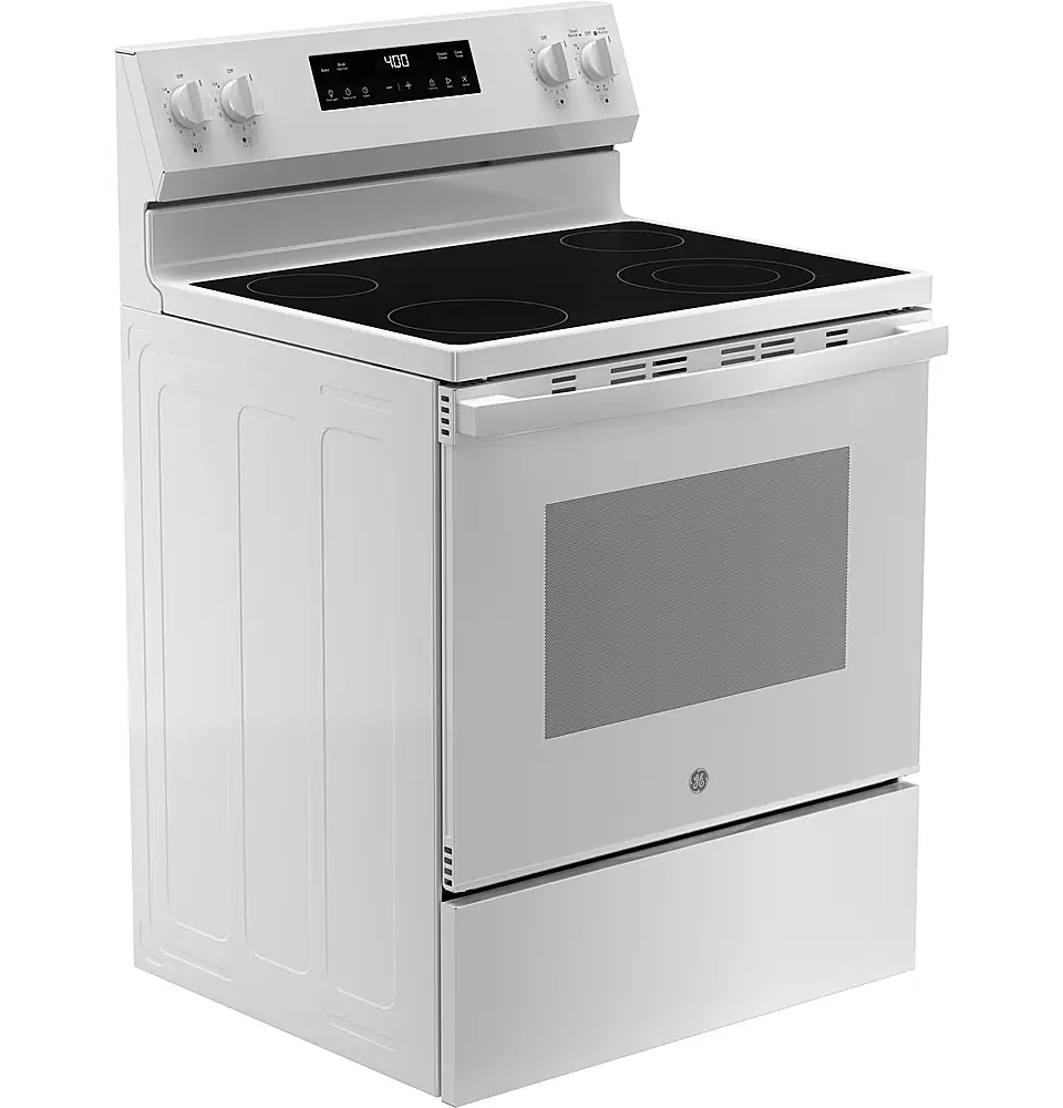 Angle. GE - 5.3 Cu. Ft. Freestanding Electric Range with Steam Cleaning and 4 Burner Radiant Cooktop - White.