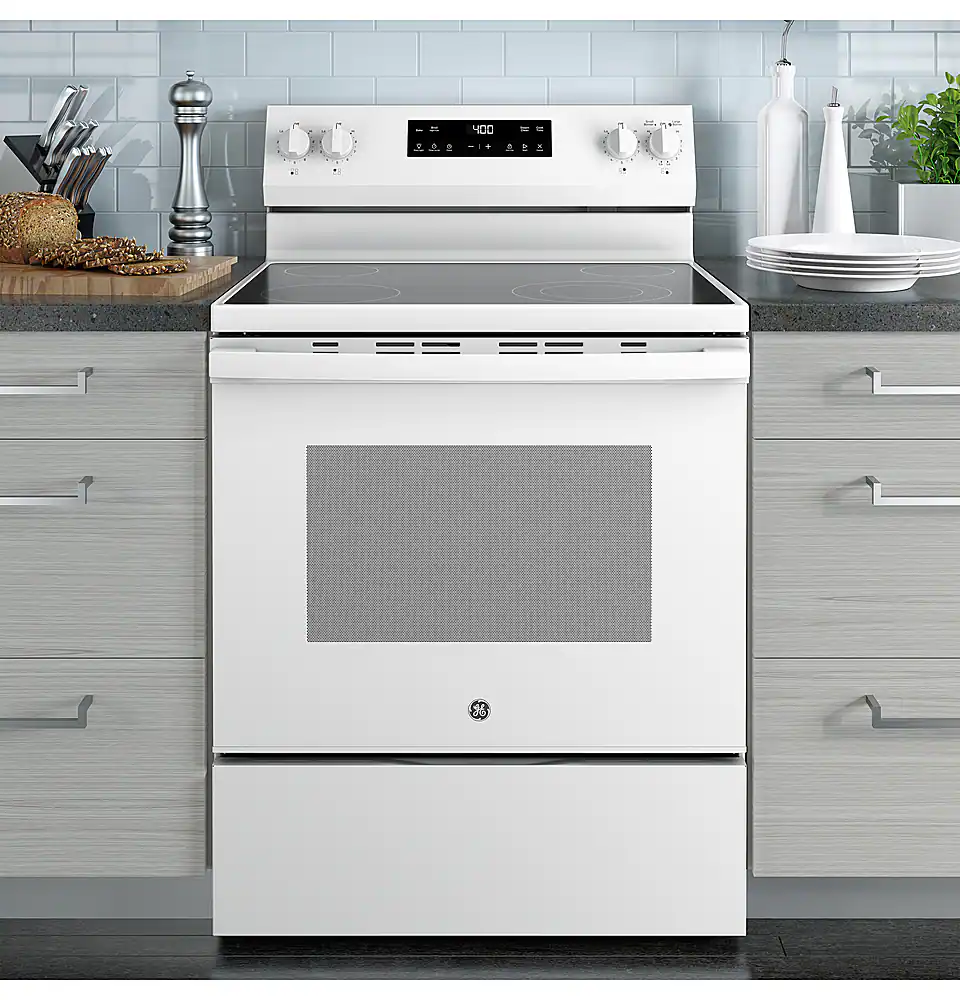 Alt View 16. GE - 5.3 Cu. Ft. Freestanding Electric Range with Steam Cleaning and 4 Burner Radiant Cooktop - White.
