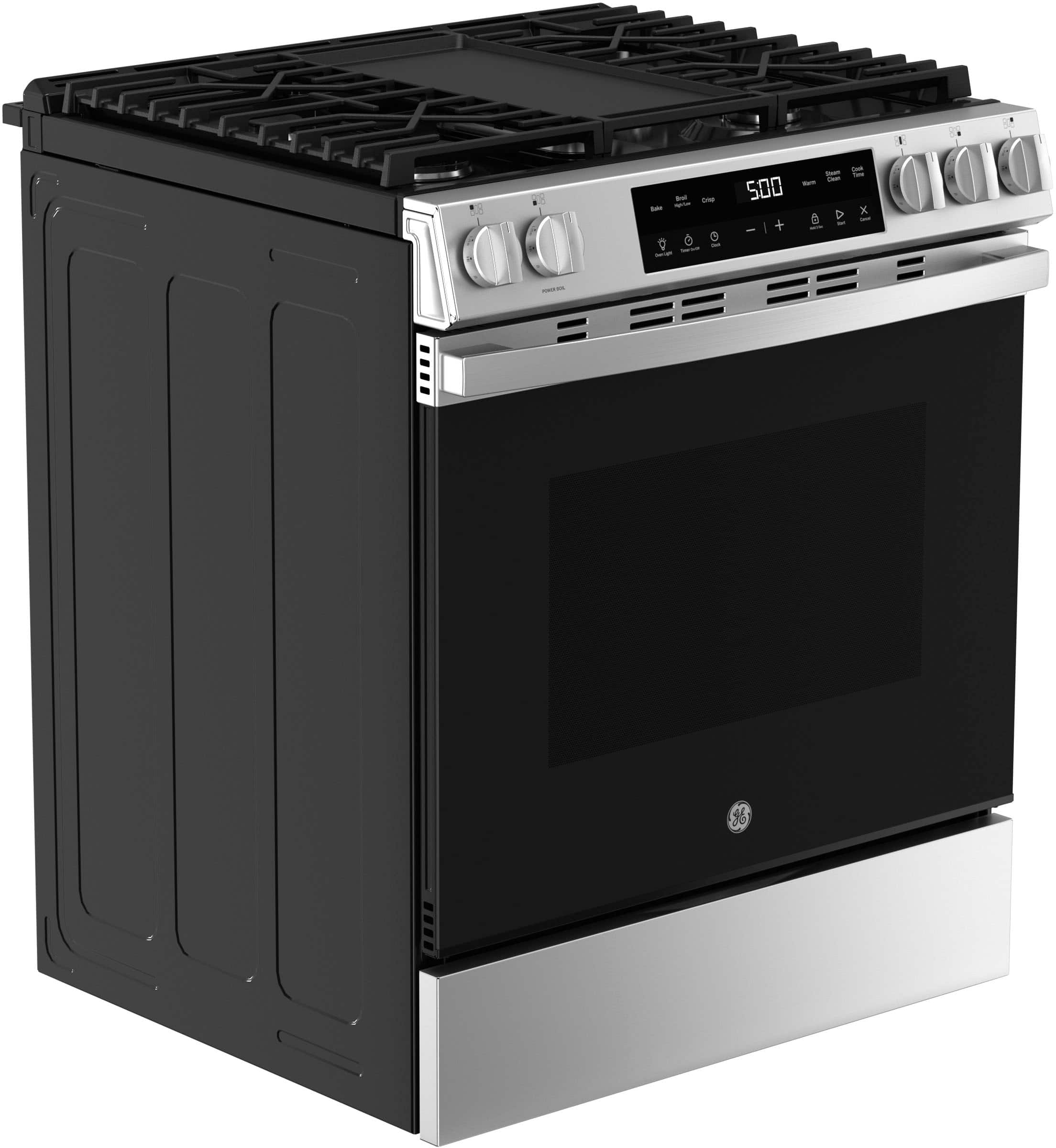 Angle. GE - 5.3 Cu. Ft. Slide In Gas Range with Steam Cleaning and Crisp Mode - Stainless Steel.