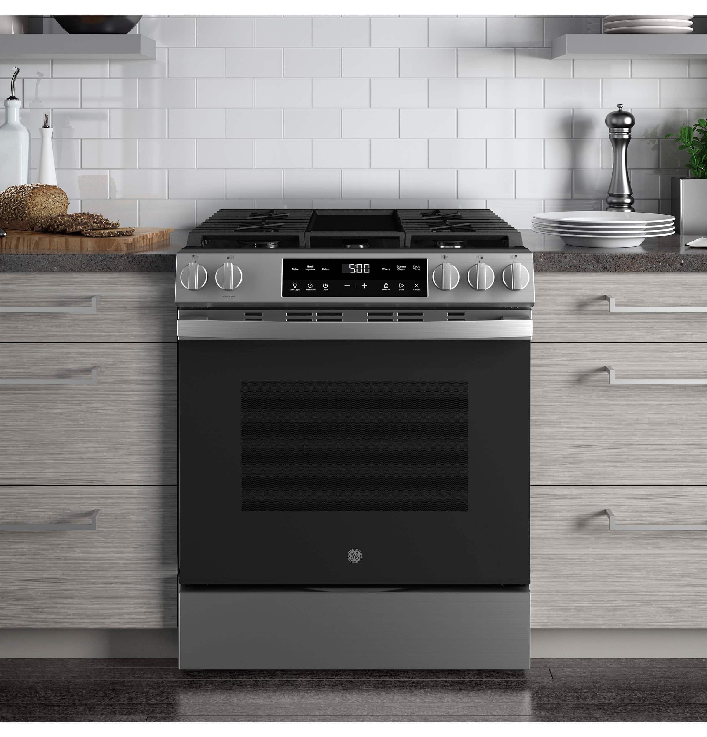 Alt View 19. GE - 5.3 Cu. Ft. Slide In Gas Range with Steam Cleaning and Crisp Mode - Stainless Steel.