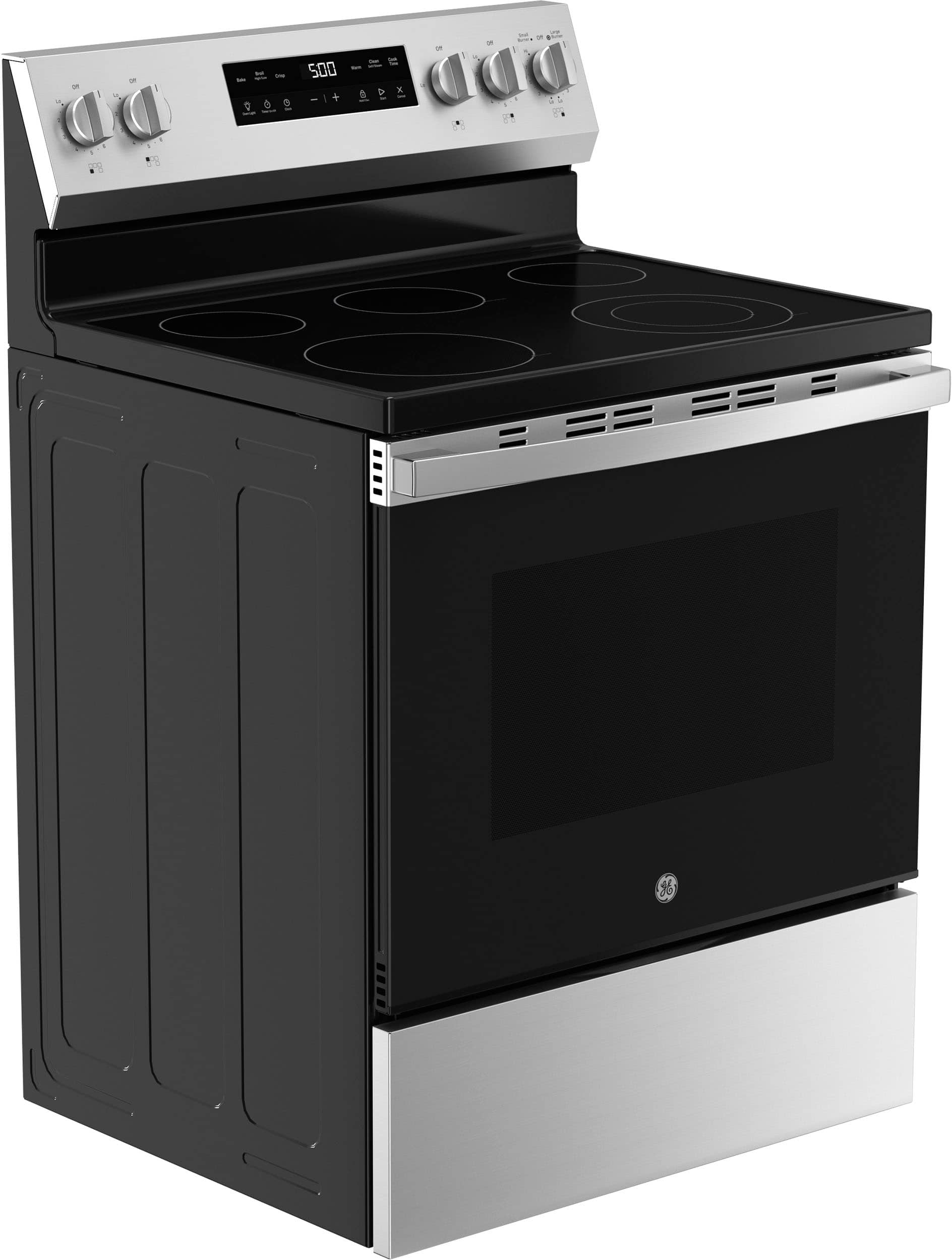 Angle. GE - 5.3 Cu. Ft. Freestanding Electric Range with Self-Clean and Steam Cleaning Option and Crisp Mode - Stainless Steel/Black.