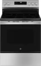 Front. GE - 5.3 Cu. Ft. Freestanding Electric Range with Self-Clean and Steam Cleaning Option and Crisp Mode - Stainless Steel/Black.