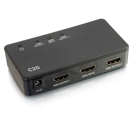 Sure, here is the corrected and grouped text from the image:
- C2G
- HDMI OUTPUT 1
- HDMI INPUT
- HDMI OUTPUT 2
- DC/5V
- HDMI OUTPUT 1
- HDMI INPUT
- HDMI OUTPUT 2