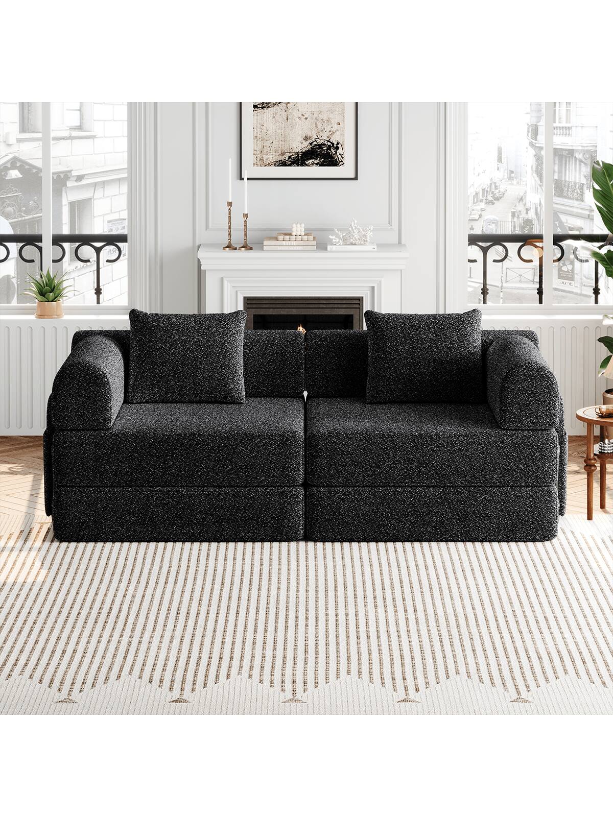 Alt View 4. Trinkets Crazed - Convertible Sofa Bed, 72.4"+ 72.4" Sectional Couch 4-Seater With Storage Pockets Modular Sleeper Couch - Black.