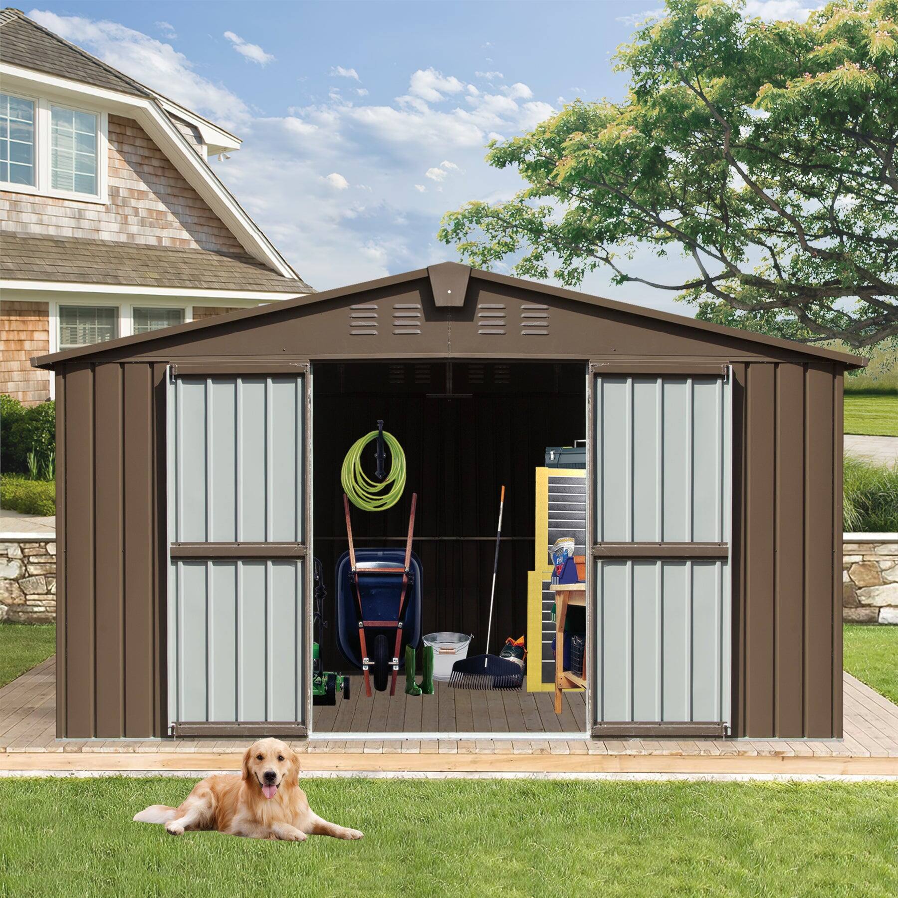 Alt View 1. Boyel Living - 11 x 12.5 FT Metal Storage Shed with Galvanized Steel Frame Windows and Lockable Double Doors - Brown.
