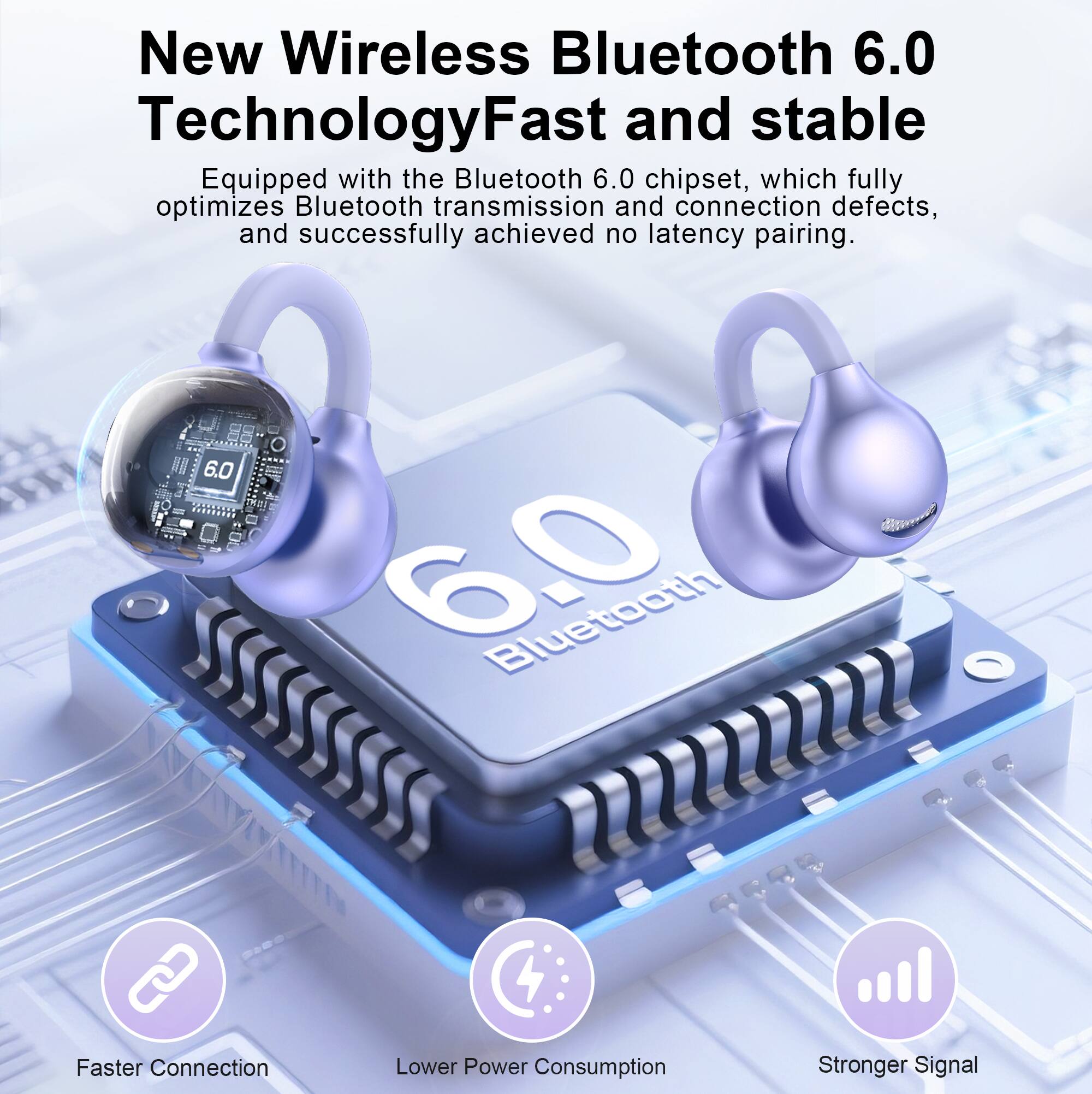 New Wireless Bluetooth 6.0 Technology  
Fast and stable  

Equipped with the Bluetooth 6.0 chipset, which fully optimizes Bluetooth transmission and connection defects, and successfully achieved no latency pairing.  

- Faster Connection  
- Lower Power Consumption  
- Stronger Signal