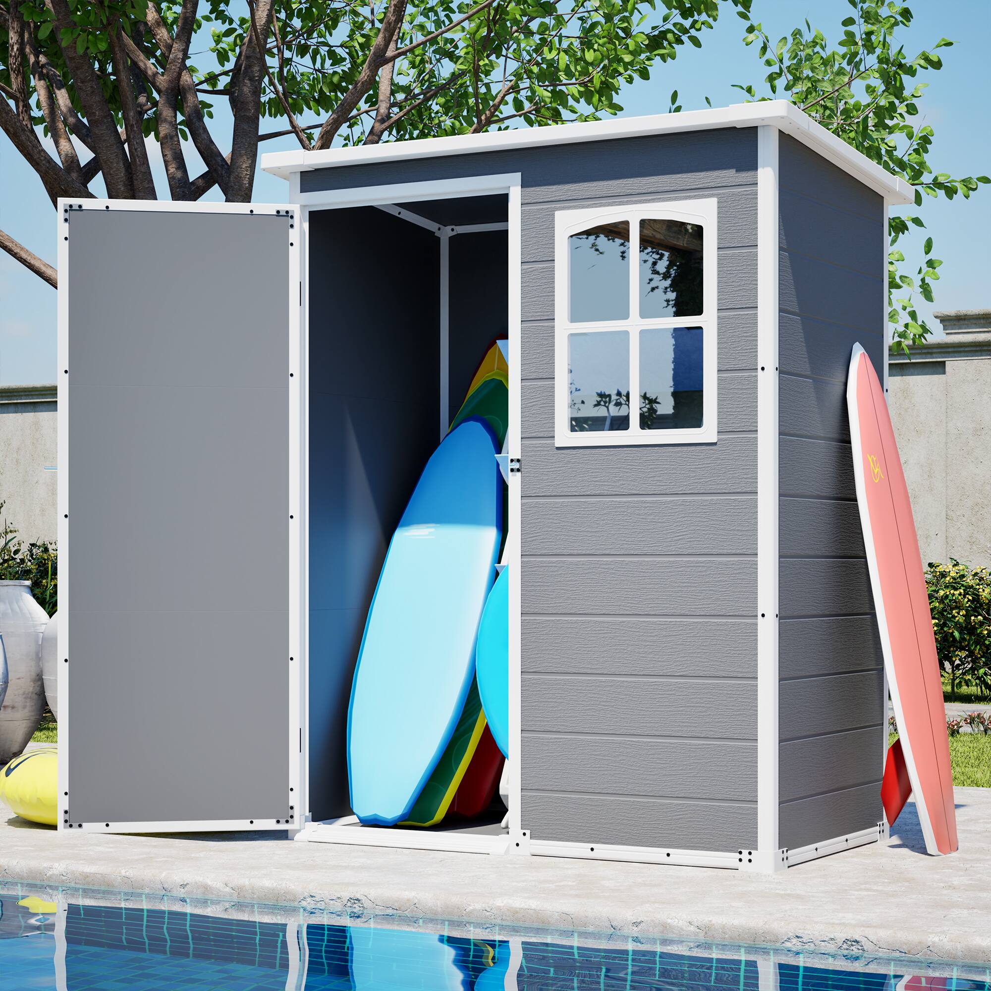 Left. Mondawe - 5x3ft Resin Outdoor Storage Shed with Floor, Waterproof Lockable Design and Window - Gray.
