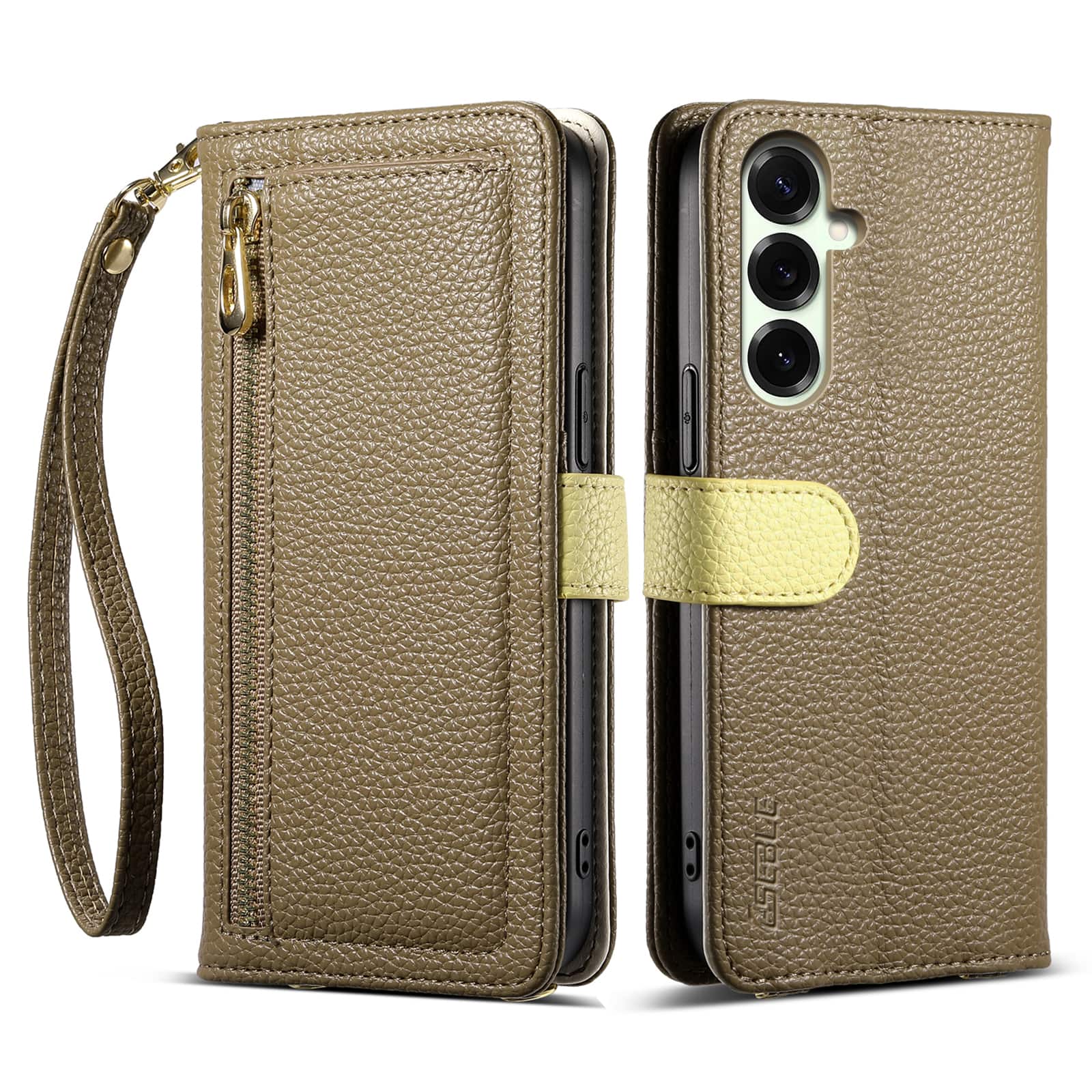 Dteck - Wallet Case for Samsung Galaxy S26+ with Crossbody Strap and Wristlet, PU Leather Zipper Purse Kickstand Cover - Brown