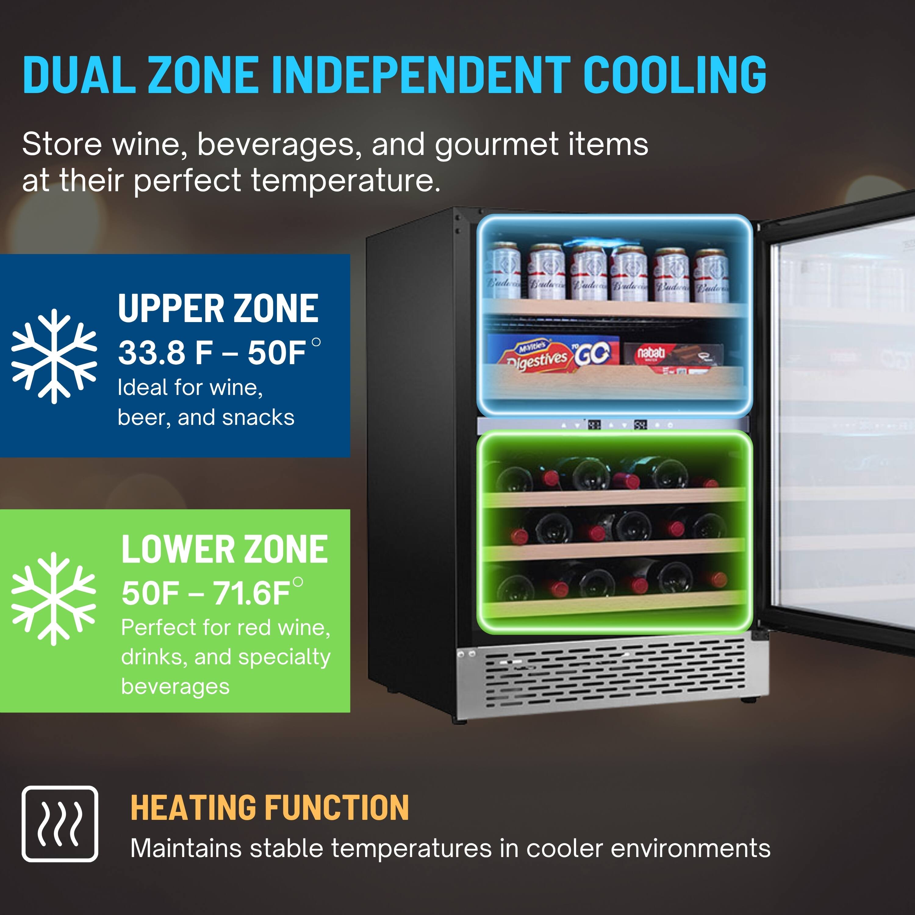 DUAL ZONE INDEPENDENT COOLING

Store wine, beverages, and gourmet items at their perfect temperature.

UPPER ZONE
33.8 F - 50F
Ideal for wine, beer, and snacks

LOWER ZONE
50F - 71.6F
Perfect for red wine, drinks, and specialty beverages

HEATING FUNCTION
Maintains stable temperatures in cooler environments