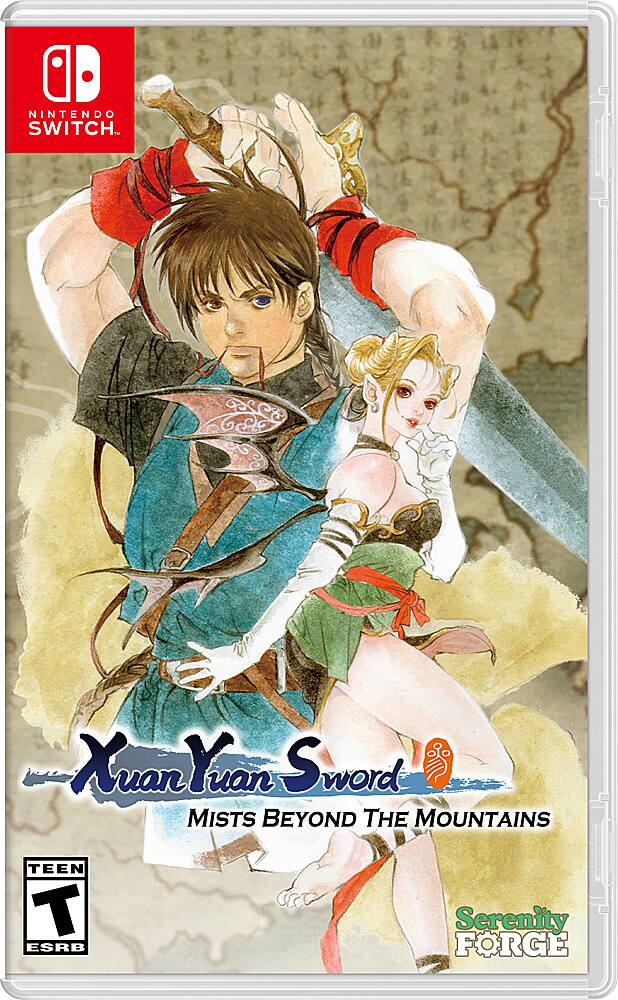 The image features a video game called Xuan Yuan Sword Mists Beyond the Mountains. It is a Nintendo Switch game, and it has a teen rating from the ESRB. The game is developed by Serenity Forge.