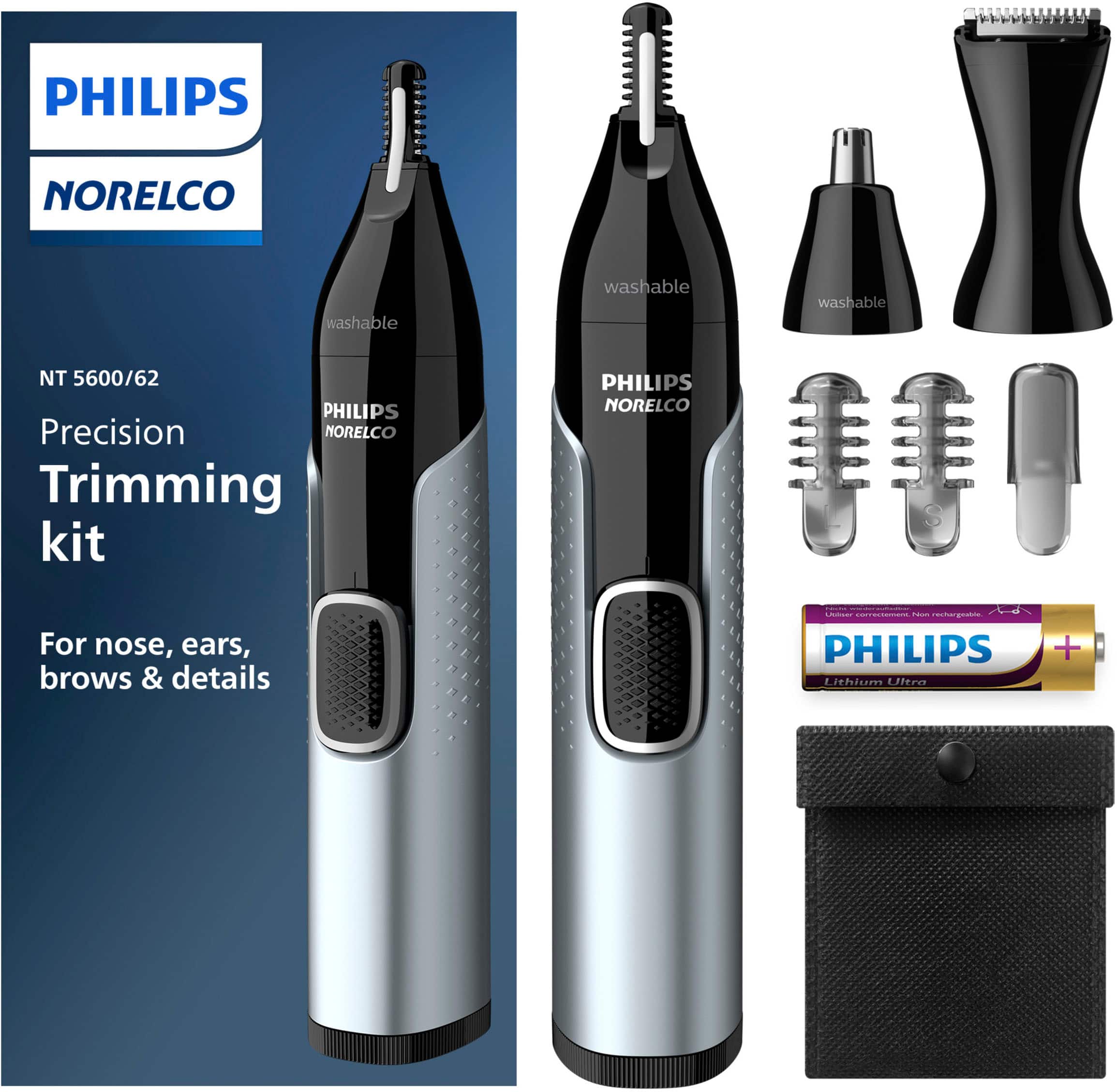 Angle. Philips Norelco - Philips Norelco Nose Trimmer 5000 for Nose, Ears, Eyebrows Trimming Kit, NT5600/62 - Black/Silver.