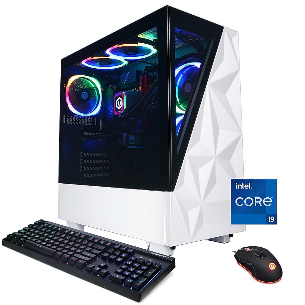 The image features a white Intel Core i9 computer with a keyboard and mouse. The computer is equipped with a colorful lighting system, making it visually appealing. The keyboard and mouse are placed in front of the computer, ready for use.