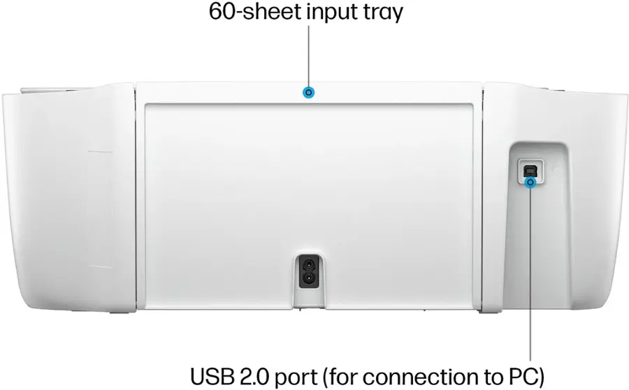 The text on the image reads: "60-sheet input tray USB 2.0 port (for connection to PC)."