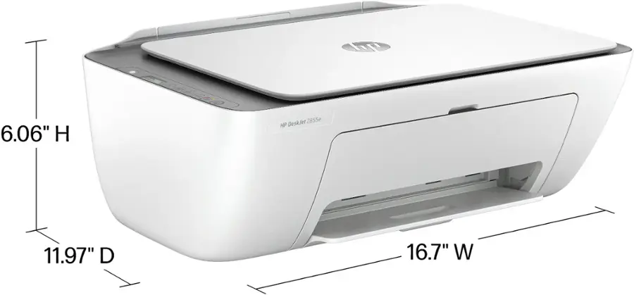The text on the image reads: "1r 6.06" H DeskJet 2855e HP 11.97" D 16.7" W". This text describes the dimensions of a printer, specifically the HP DeskJet 2855e. The dimensions are 6.06 inches in height, 11.97 inches in depth, and 16.7 inches in width.