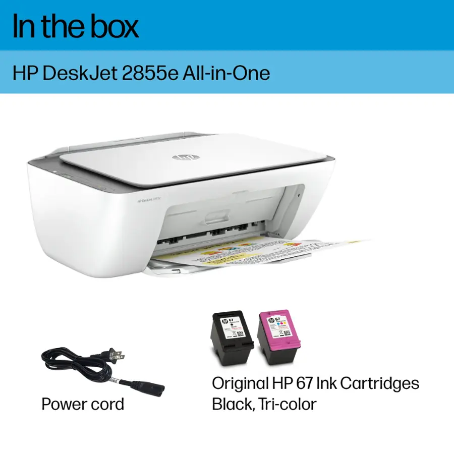 In the box, you will find an HP DeskJet 2855e All-in-One printer, along with a power cord and original HP 67 ink cartridges in black, tri-color, and cyan.