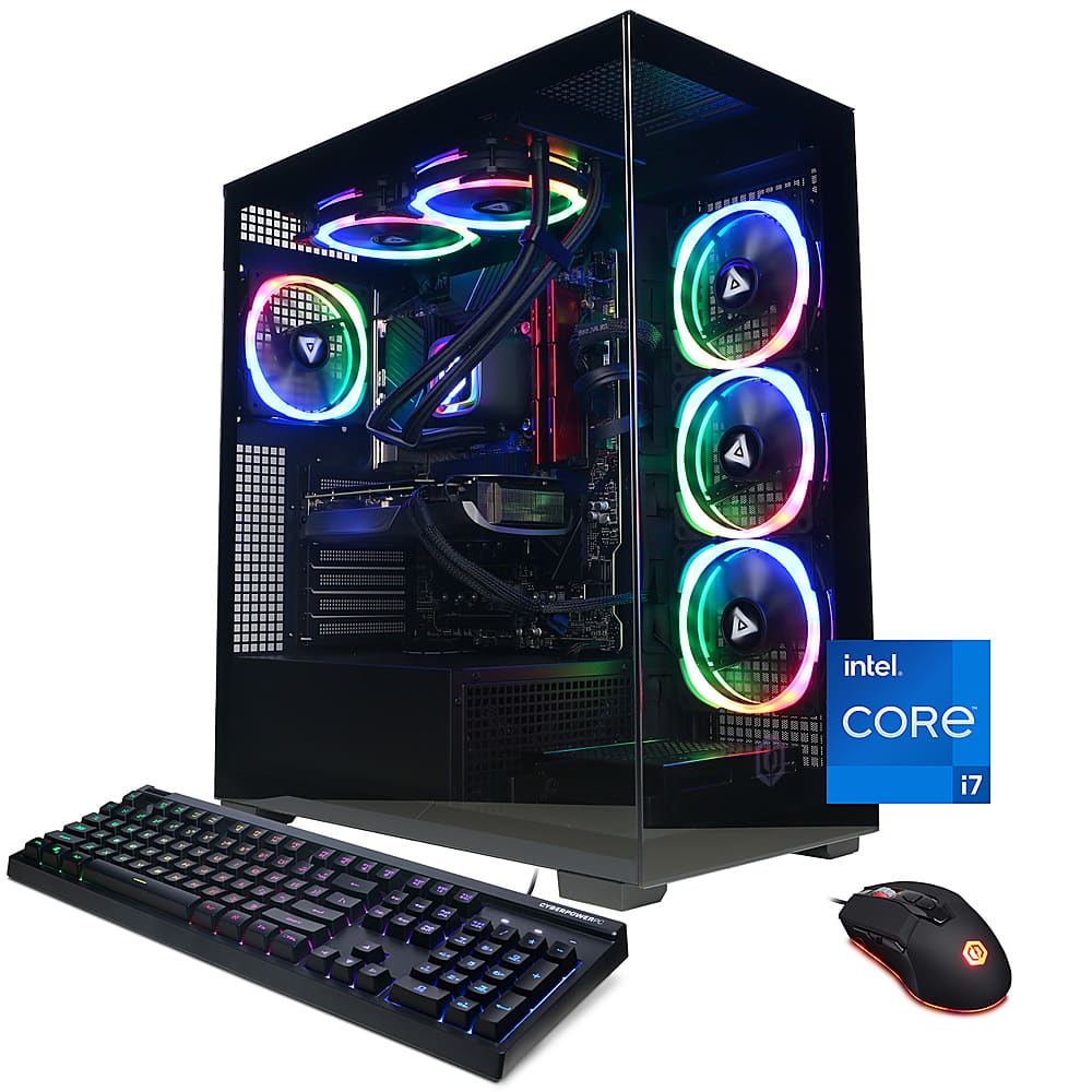 The image features a black computer tower with a colorful rainbow lighting effect on its fans. The tower is an Intel Core i7 computer, which is known for its high-performance capabilities. The computer is accompanied by a keyboard and a mouse, both of which are also black in color. The keyboard has a colorful rainbow lighting effect, matching the tower's fans, adding to the overall aesthetic of the setup.