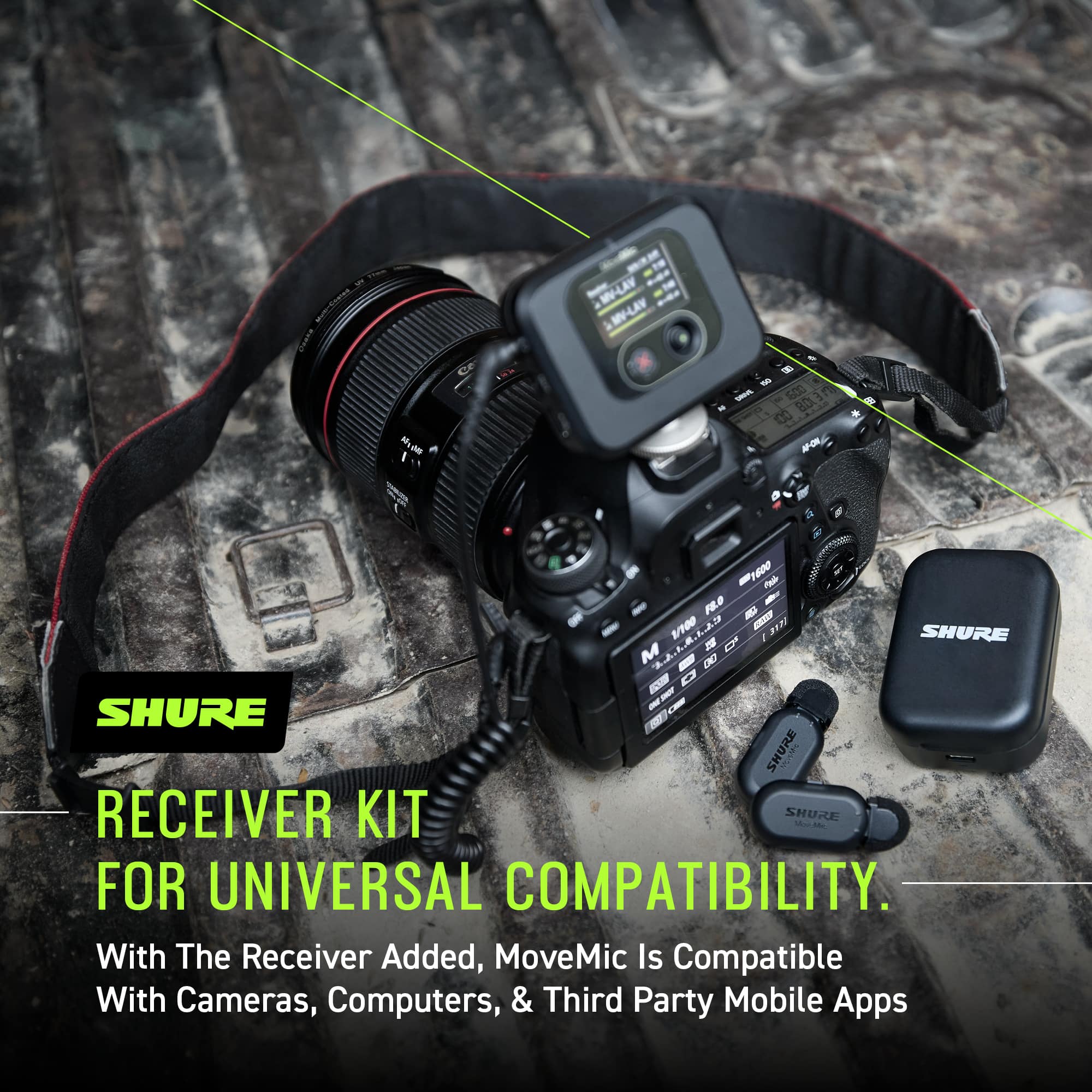 The image features a camera and a receiver kit placed on a table. The camera is a Shure MV-88D, and the receiver kit is designed for universal compatibility. The receiver kit includes a Shure MV-88D receiver, a Shure MV-80 microphone, and a Shure MV-8D transmitter. The receiver kit is compatible with cameras, computers, and third-party mobile apps, making it a versatile and useful tool for various recording and broadcasting needs.
