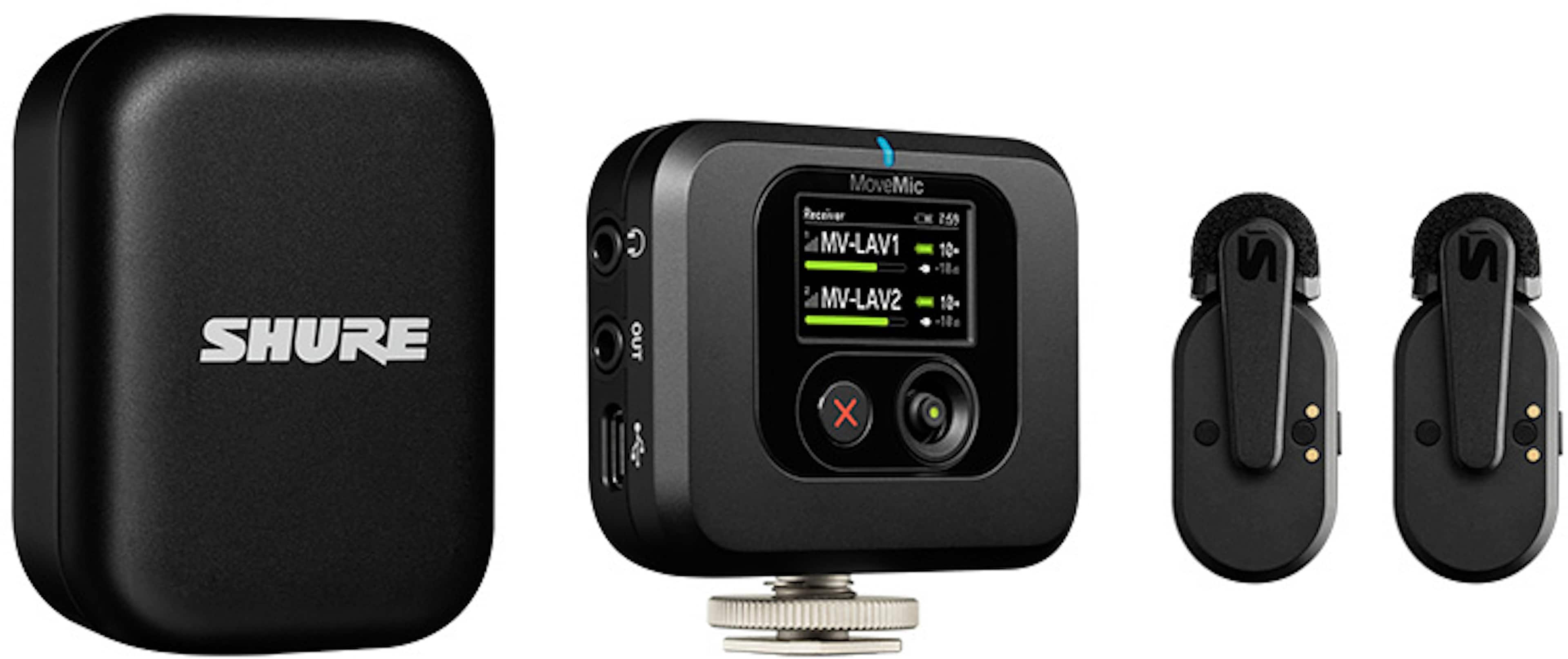 Front. Shure - MoveMic Two Lavs, Charge Case, Plug-in Receiver - Black.