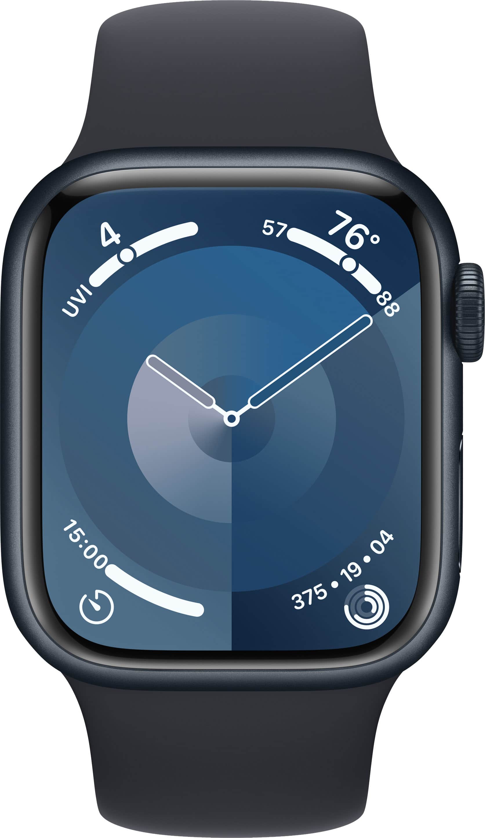 The image shows a watch with a blue face and a black band. The time displayed is 15:00, and the watch also shows the current temperature, which is 76 degrees. The watch has a timer function, and it is currently set to 4 UVI. The watch is also displaying the date, which is April 19.