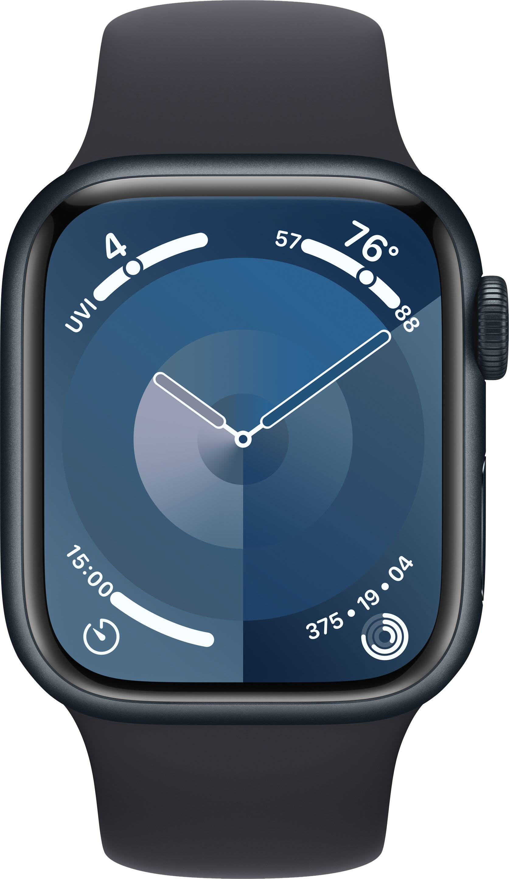 The image shows a watch with a blue face and a black band. The time displayed is 15:00, and the watch also shows the current temperature, which is 76 degrees. The watch has a timer function, and it is currently set to 4 UVI. The watch is also displaying the date, which is April 19.
