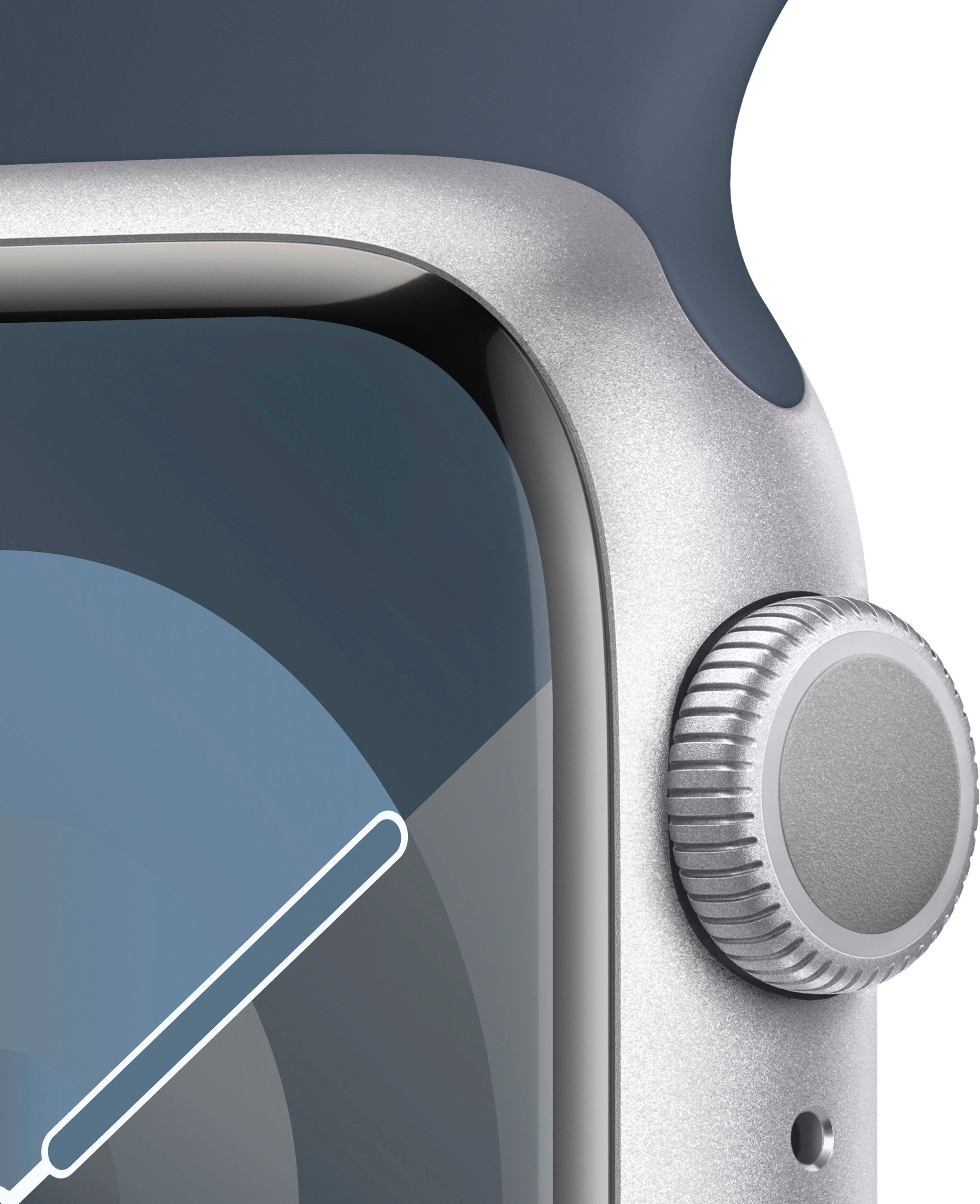 Alt View 1. Apple - Geek Squad Certified Refurbished Apple Watch Series 9 GPS 41mm Aluminum Case with Storm Blue Sport Band  (Medium/Large) - Silver.